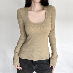 Suéter de Punto Básico con Cuello Redondo para Mujer, Color Sólido, Corte Ajustado, Elegante y Sexy, para Primavera y Otoño - Product Image 3