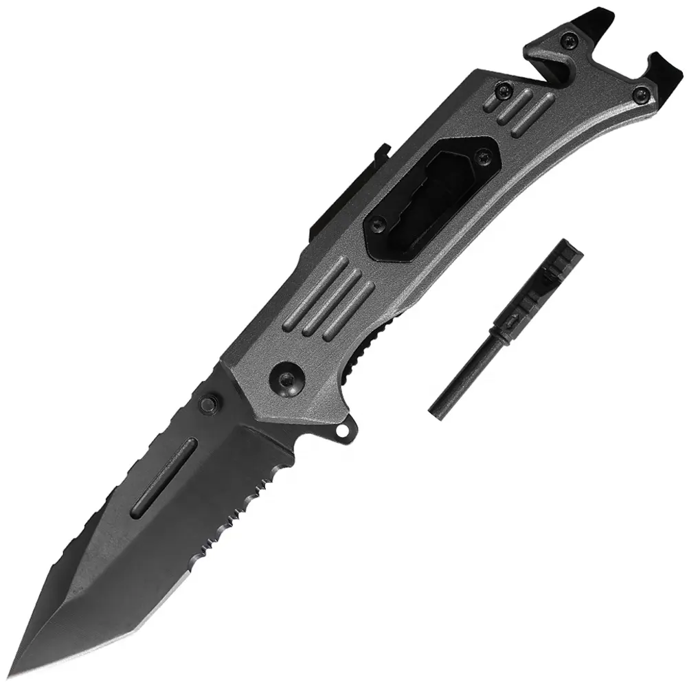 Combo Edge Tanto Blade Back Jimping Fire Starter Silbato Abrebotellas Barra de palanca Controlador plano Cuchillo táctico para actividades al aire libre