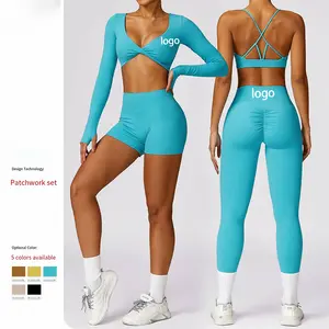 Fornitura di Logo personalizzato traspirante a vita alta senza soluzione di continuità donna ragazze Yoga indossare Fitness attivo pantaloncini e reggiseno Set