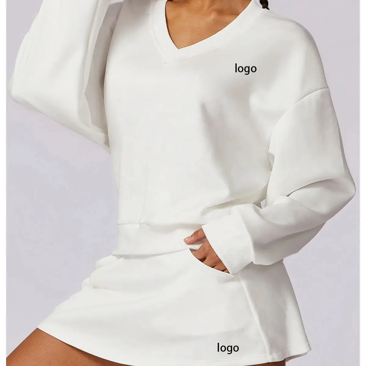 wholesale women V neck long sleeves personal OEM custom logo blank sweat skirt set ladys plain spring sweat suits