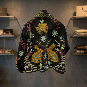Wholesale Black <b>Velvet</b> Rabbit Embroidered <b>Jacket</b> Handmade Floral Winter Boho <b>Women</b> Outerwear Artisanal Vintage Coat Supplier - Product Image 6