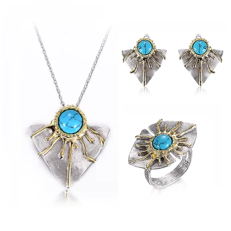 New Product Synthetic Blue Turquoise Stone 925 Sterling Silver Jewelry Sets with Yellow Gold Plated