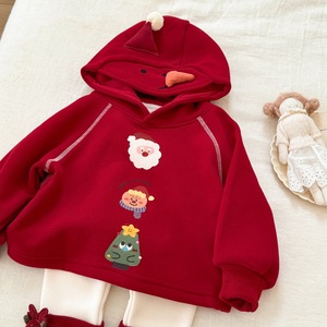 Christmas Baby Girls Hooded Sweatshirt Set Thick Fleece Lined Winter Outfit Red Santa Design With Matching Leg Warmers - Product Image 2