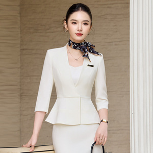 Women's Mid Sleeve Professional Suit Set With Skirt Anti Wrinkle Satin Office Lady Workwear For Business And Daily Commute - Product Image 1