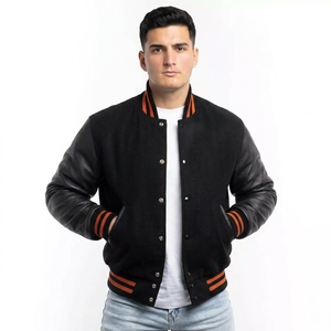 Veste universitaire noire en cuir de vache véritable avec manches en cuir, poignets côtelés, fermeture à boutons recouverts, imperméable, coupe-vent, style streetwear - Product Image 1