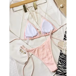 Maillot de bain deux pièces triangle rose pour femme avec perles et liens latéraux - Product Image 4