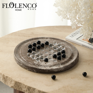 Bộ cờ đá trang trí nhà cửa Flolenco, bàn cờ đá cẩm thạch màu xám, hạt thủy tinh pha lê, trang trí phong cách Wabi-sabi, bộ cờ chơi - Product Image 1