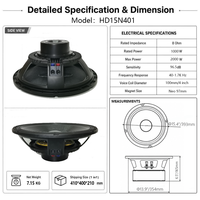 Unit Loudspeaker Mid-Range LS HD15N401 15 Inch 2000W, Voice Coil 100mm, Respon Frekuensi 40-1.7KHz, Impedansi 8.0 Ohm, Casing Metal