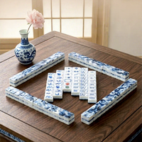 Jeu de tuiles de mahjong traditionnel chinois en mélamine bleu et blanc pour usage domestique des personnes âgées, comprend un tapis souple antidérapant, 166 tuiles