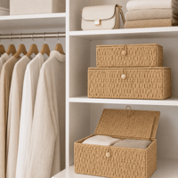 Panier de rangement en osier tressé avec couvercle, fermeture à loquet en bois, empilable, pour salon, écologique, style vintage, vente en gros