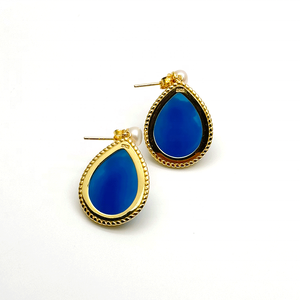 Antique Court Style Vintage 18K Plaqué Or S925 Argent Perle Bijoux <span class=keywords><strong>Bleu</strong></span> Agate Colombe <span class=keywords><strong>Camée</strong></span> Goutte D'eau Boucles D'oreilles pour Femme - Product Image 4