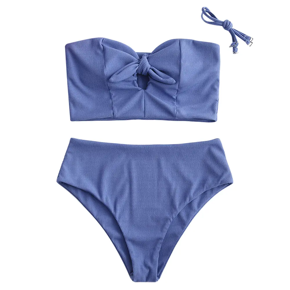 2023 Stock Ribbed Keyhole Tied High Waisted Tankini Swimsuit Bodysuit Sexi Lady Two Piece Swimsuit