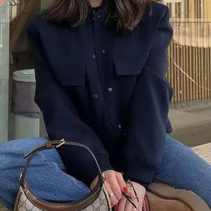 Nouvelle veste manteau femme printemps-automne style européen et américain, unie, courte, fine, col montant, grandes poches, style neutre - Product Image 3