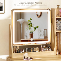 Table de toilette d'angle gain de place avec miroir LED et compartiments de rangement cachés, petite coiffeuse pour chambre à coucher