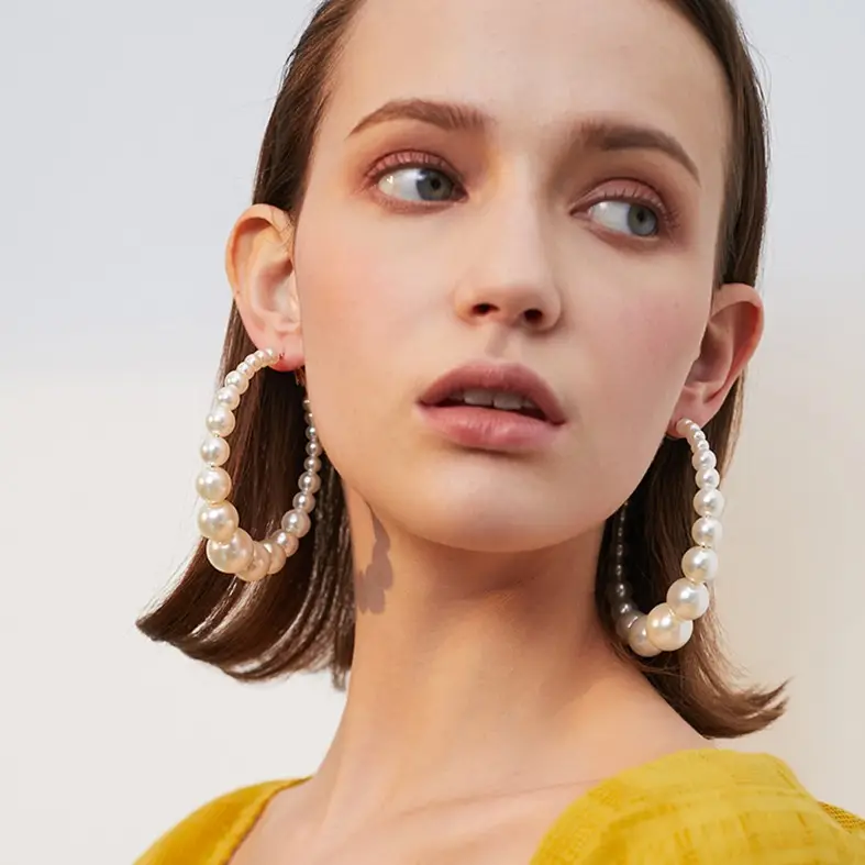 Gold Plated Irregular Full Pearl Big White Hoop Earrings For Women