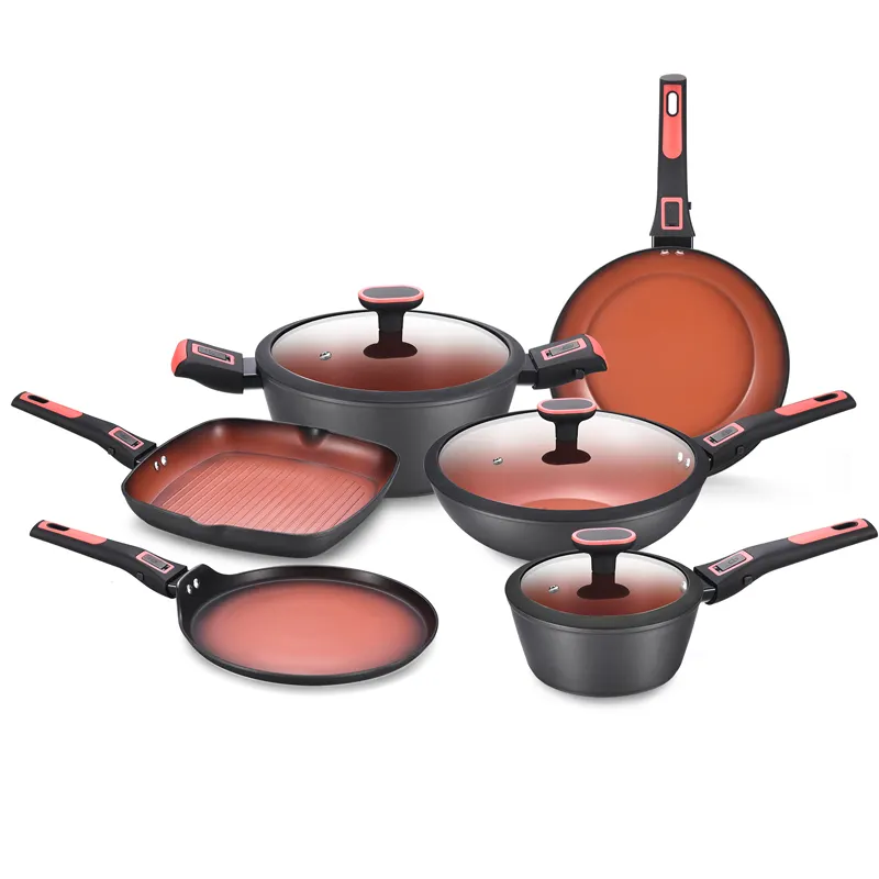 Top Selling Forged Aluminium Marble Non-stick Pot and Pans Cookware Set With Inductive Bottom Tempered Glass Lid