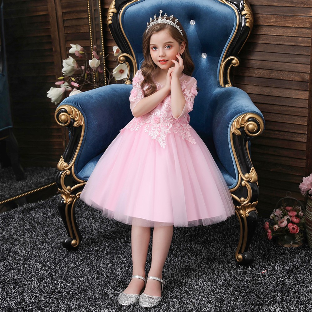 Детское кружевное платье принцессы короткая рукавами в корейском стиле вечернее платье с розовым узором для девочек красное