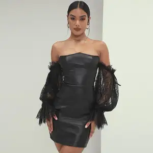 Casual Lace PU Puff Sleeve Strapless Off Shoulder Black Faux Leather Dress For Women Elegant cocktail Party Sexy Bodycon Dress
