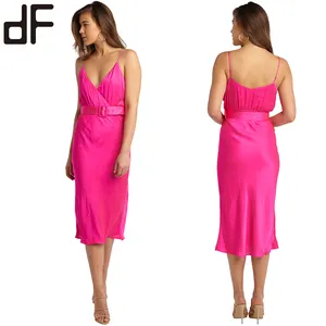 OEM Solid Pink Day To Night Dress For Sexy Lady Vestidos Spaghetti Strap Midi Dress Casual New Style Formal Fashion Women Dress