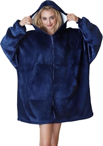 Manta com Capuz Moderna Azul Marinho de Flanela Macia e Sherpa, com Zíper Completo, Antiácaros, Quente, para Uso Doméstico e Festivais - Product Image 2