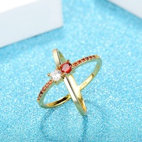 Overcross empilable X Double bague de mariage plaqué or 18 carats incrusté rouge/blanc CZ diamant bague de fiançailles pour femmes bijoux cadeau