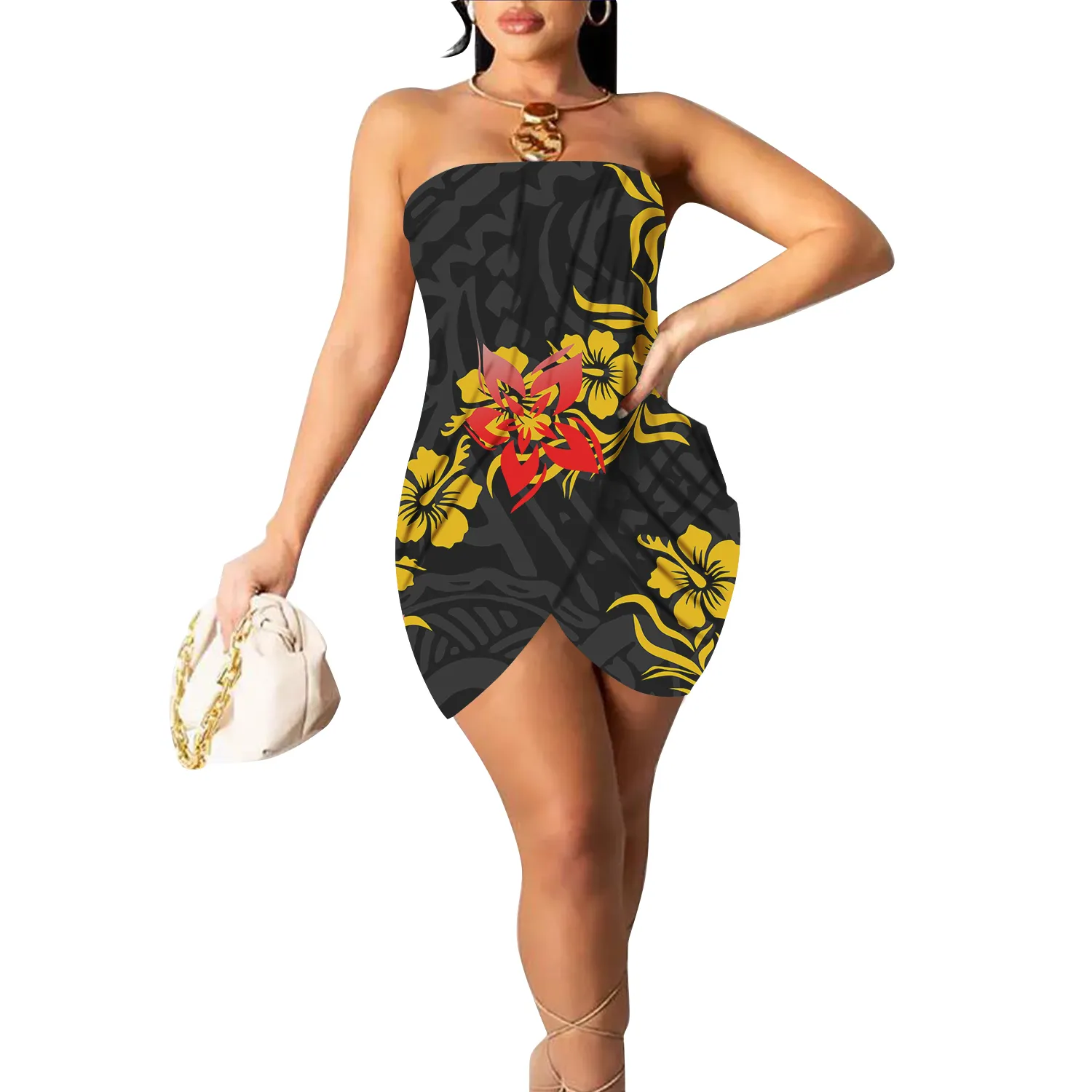 Hot Selling Pacific Island Art Breathable Sexy Strapless Dress Polynesian Hawaii Ethnic Style Luxury Design Party Mini Dress