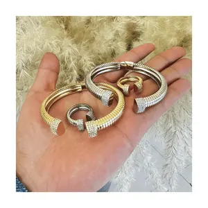 New Arrival open spring Thick Bangle copper with 18k Gold 925 silver plated Baguette Adjustable Bracelet Rings set women luxury