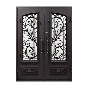 Porte moderne double en <span class=keywords><strong>fer</strong></span> <span class=keywords><strong>forgé</strong></span> avec verre dépoli, résistante aux impacts d'ouragan, pour entrée extérieure, cuisine extérieure et applications commerciales - Product Image 4