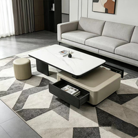 Table basse moderne de luxe en placage de bois peint avec plateau en pierre microcristalline et rangement central pour salon