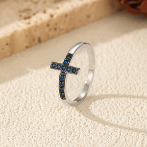 S925 <b>Silver</b> <b>Cross</b> Shape <b>Ring</b> With Pave Set Sapphire Stones Religious Jewelry Unisex Everyday Wear - Product Image 4