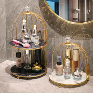 Half Bird Cage Cosmetic Storage Metal With Marble Storage Rack Table Top Shelf Home Storage & Organization Golden
