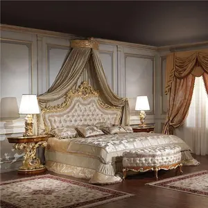 Klassieke Emperador Zwart Slaapkamer Meubels Bladgoud Massief Houten Structuur 100% Hand Carving Elegante Bed Sets