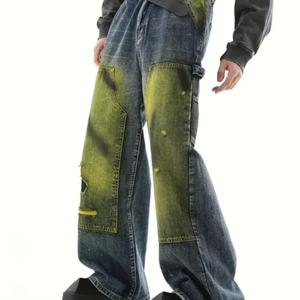 Pantalon en jean vintage délavé, jambe large, style Y2K, streetwear de créateur, jean ample pour homme, coupe droite, mi-sombre pour l'hiver - Product Image 2