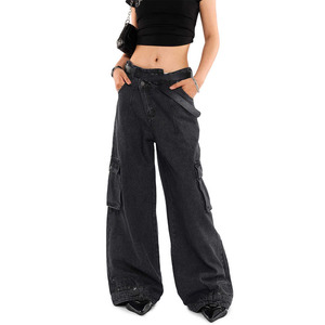 Vendita all'ingrosso su misura stile Street a vita bassa grandi pantaloni neri Cargo Jeans donna <span class=keywords><strong>con</strong></span> Jeans strappati donna per tutta la stagione - Product Image 3