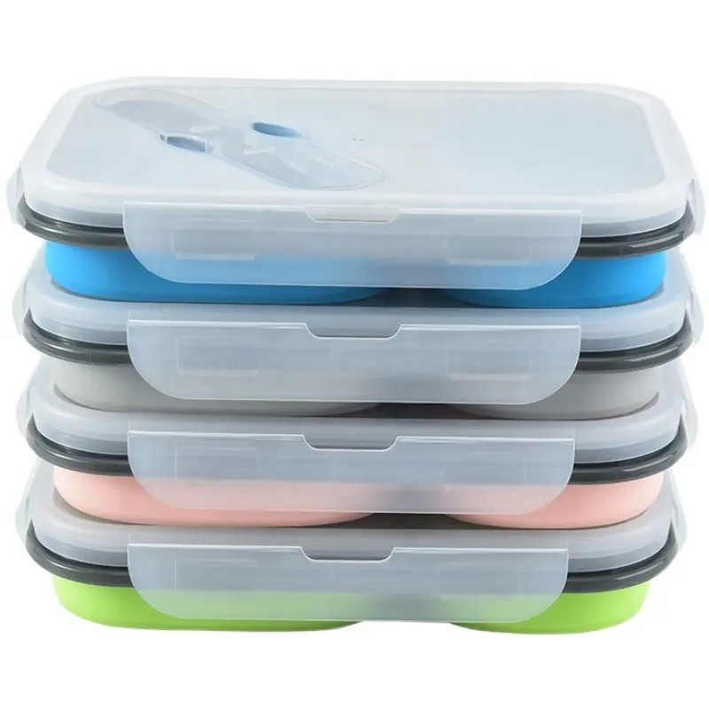 2 Compartiment Milieuvriendelijk Voedsel Opslag Vouwen Seal Containers Bpa Gratis Silicone Inklapbare Lunchbox