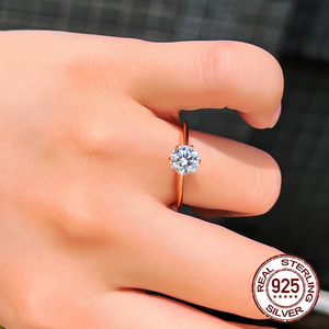 Anillo de Compromiso de Plata de Ley S925 con Circonita Cúbica Redonda Brillante de 6.5mm para <span class=keywords><strong>Mujer</strong></span>, Joyería Chapada <span class=keywords><strong>en</strong></span> <span class=keywords><strong>Oro</strong></span> - Product Image 4