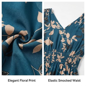 Abito lungo floreale blu teal personalizzato con vita smockata, senza maniche, scollo a V, tasche e balze, stile boho estivo per vacanze, OEM ODM - Product Image 6