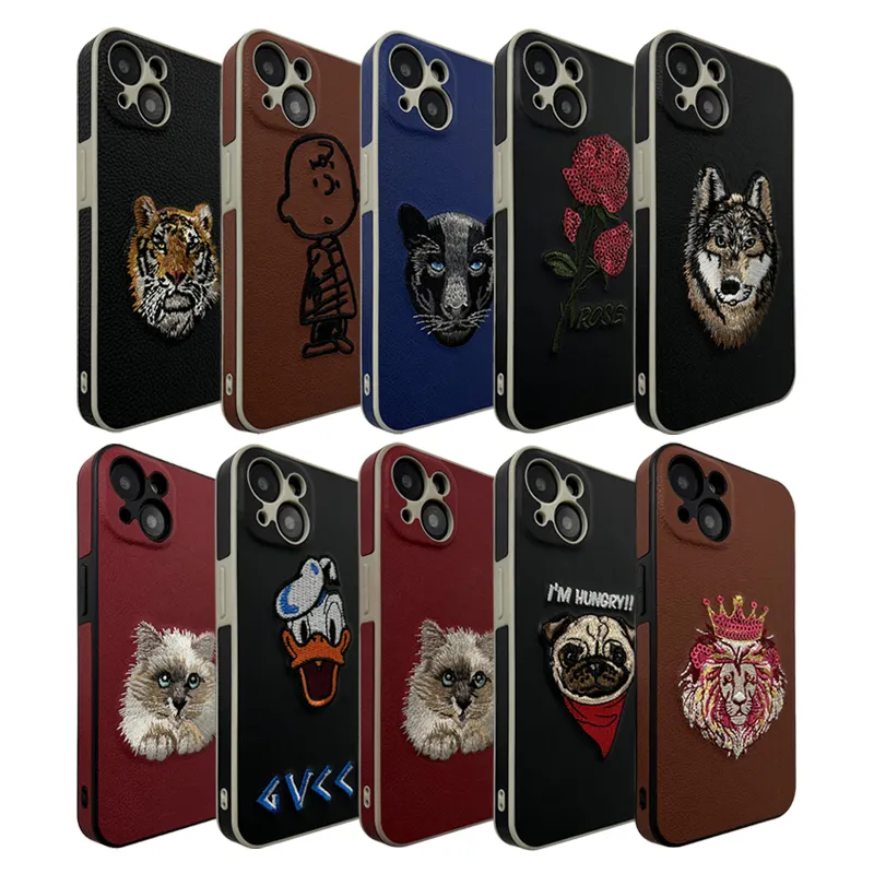 Custom embroidery animal phone case for iPhone 13 14 pro max designer luxury business scratch-resistant PU leather phone case