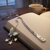 Marcapáginas de Metal Plateado Antiguo Personalizado OEM ODM Sin Pedido Mínimo con Cadena Colgante, Luna Brillante, Estrella, Mariposa, Llave, Corazón Hueco, Regalo