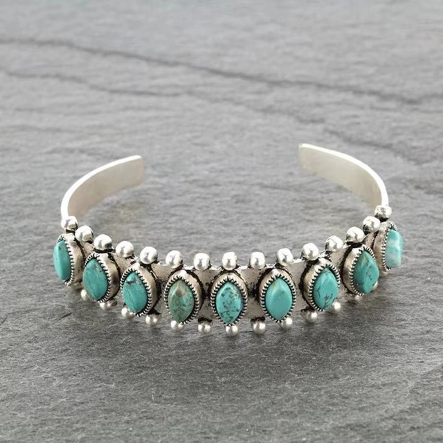 Bohemian Natural Stone Turquoise Cuff Bracelet Adjustable Wrap Bangle Western National Style for Women Gemstone Boho Jewelry