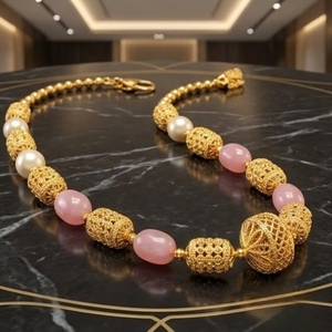 Antique 925 Silver <b>Necklace</b> with Pink Beads and Pearls Long Chain Mala <b>Statement</b> Jewelry for Women Wedding Gift Party Wear - Product Image 4