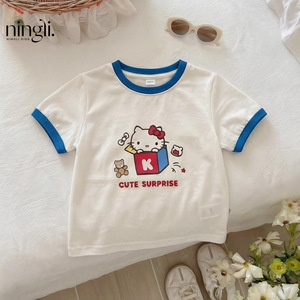 <span class=keywords><strong>T</strong></span>-<span class=keywords><strong>shirt</strong></span> en coton imprimé à manches courtes pour bébé fille, version coréenne, tenue d'é<span class=keywords><strong>t</strong></span>é, nouveau style 2026, motif chaton tendance pour filles - Product Image 2