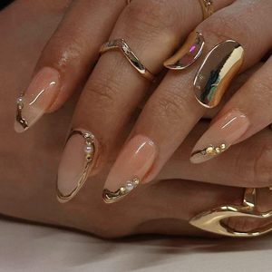 <span class=keywords><strong>Uñas</strong></span> Postizas Almendradas - <span class=keywords><strong>Uñas</strong></span> Francesas con Diseño de Línea Dorada - <span class=keywords><strong>Uñas</strong></span> Postizas Medianas - para Mujer, 24 Piezas - Product Image 2