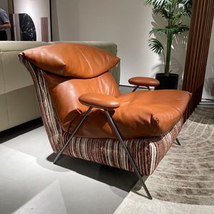 Italian Style Genuine Leather Lounge <b>Chair</b> With Fabric Upholstery Living Room Single Seat Fully Assembled - Product Image 2