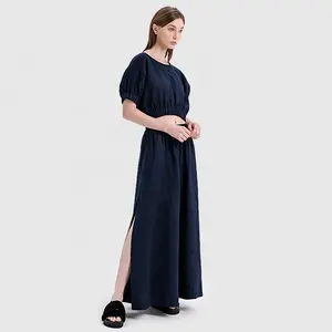 Royal Blue Short Sleeve Crop Top And Long Slit Maxi Skirt Linen 2 Piece Set For Women