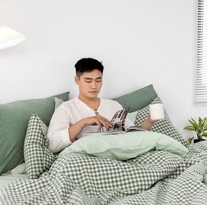Housse de couette à motif gingham, pré-lavée avec technologie Stone, en coton vert de haute qualité, douce, respirante et absorbant l'humidité - Product Image 1
