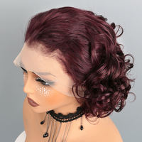 Perruque courte bouclée et rebondissante en cheveux humains vierges, couleur 99j, avec dentelle frontale 13x4, sans colle, coupe pixie, pour femmes noires