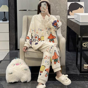 Camisones de Dibujos Animados para Mujer, Otoño Invierno, Forrados de Felpa, Gruesos, de Felpa de Coral, Traje para el Hogar, Pantalones, Cárdigan, Ropa Exterior - Product Image 1