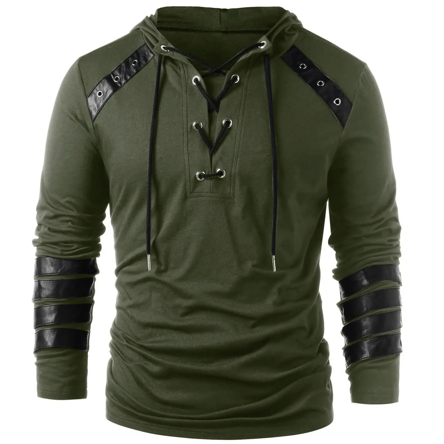 Best Quality Men's Stand Collar Sweatshirts Cardigan For Male Leather Patchwork Lace Up Hoodie