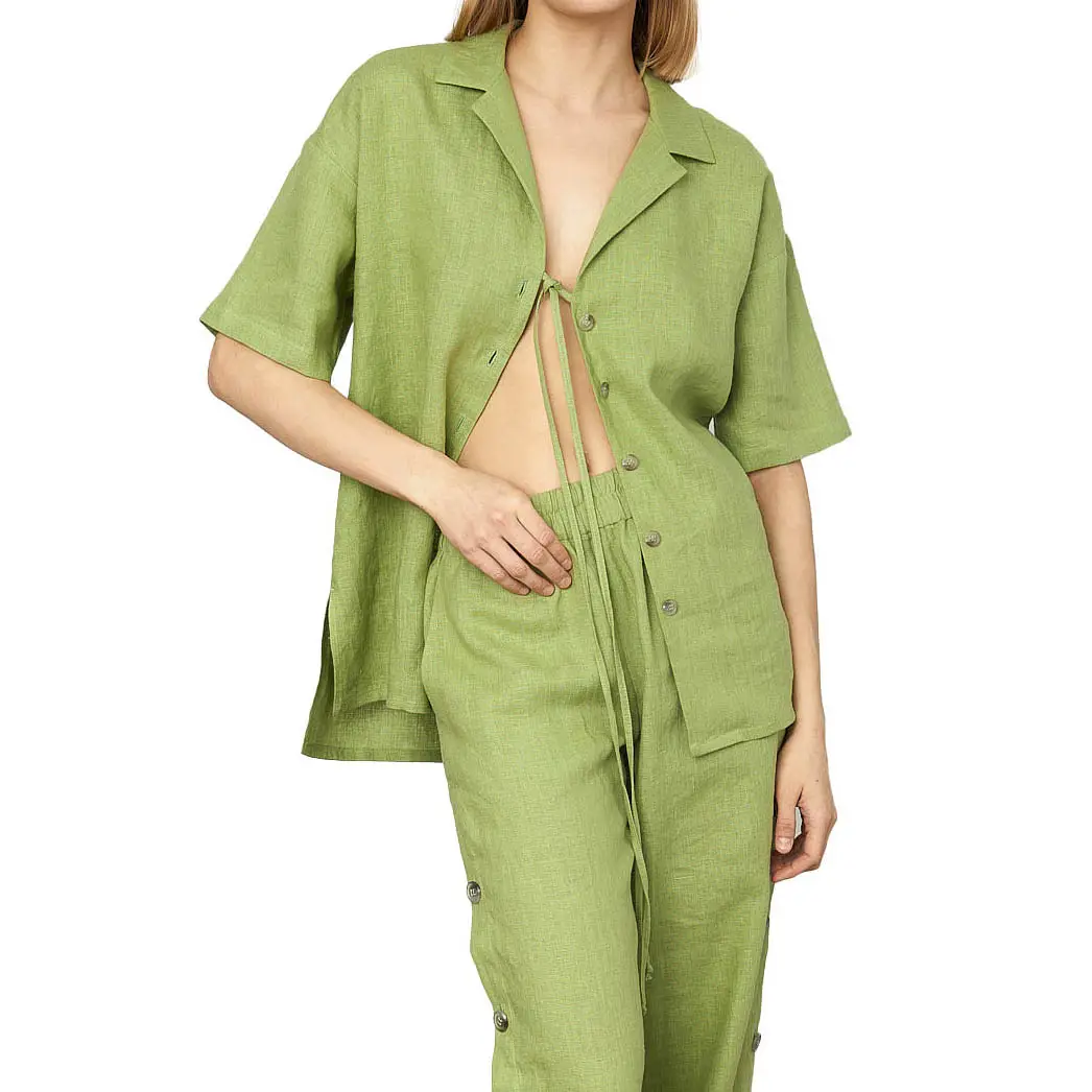 Benutzer definierte hochwertige übergroße grüne Leinen Hose Shirt Sets bestickte Bandage Frauen Neuankömmling Großhandel Button Up Outfits